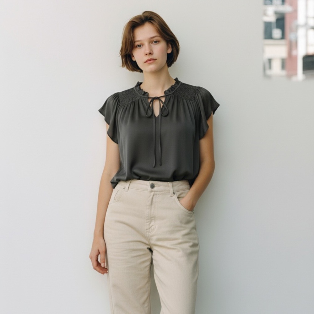 Maison d’ Amélie Paris Ruffle Black Elegant Peasant Top Women's Size Small EUC